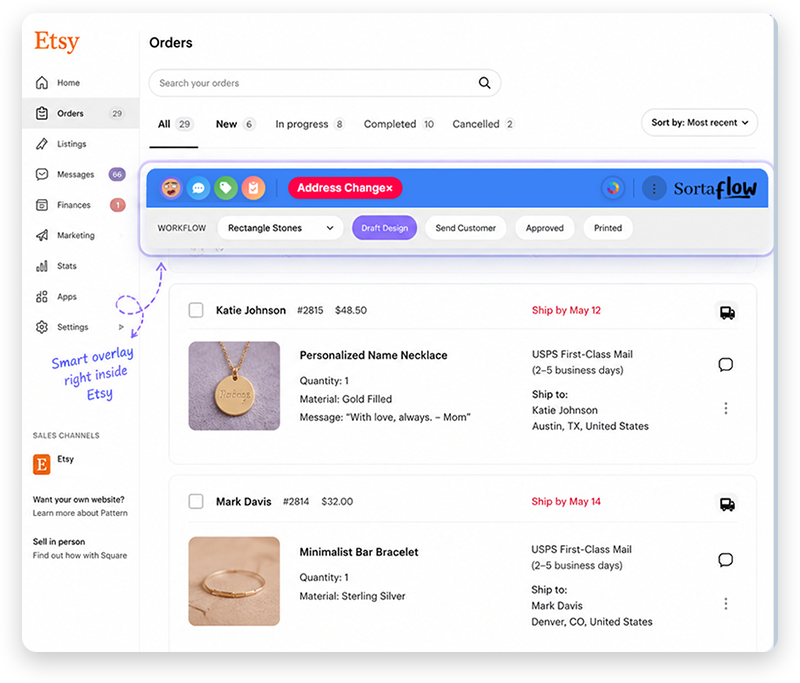 Sortaflow overlay bar injected into Etsy's orders page